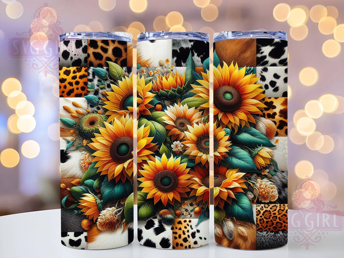Western Cowhide Sunflower Tumbler, Western Cowhide Theme, Leopard Print Wrap, Rustic Country Chic, Bold Farmhouse Style, Seamless Artistic Motif, Boho Western Bloom, 20Oz Tumbler, Sublimation