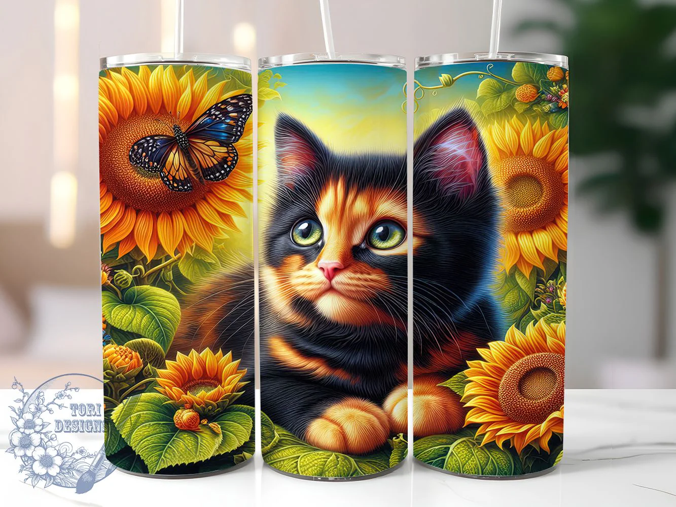 Whimsical Calico Butterfly Cat Tumbler, Butterfly Cat Tumbler, Cute Pet Wrap, Whimsical Cat Wrap, Artistic Butterfly Wrap, Sublimation Design, Trendy Gift Idea