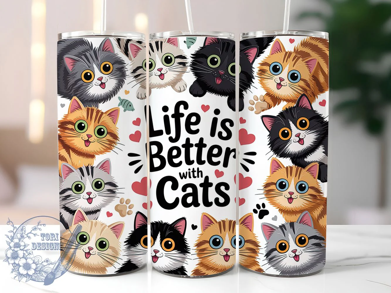 Whimsical Cat Lover Tumbler, Cute Cat Tumbler, Life with Cats Wrap, Whimsical Cat Wrap, Rustic Cat Wrap, Sublimation Design, Trendy Gift Idea
