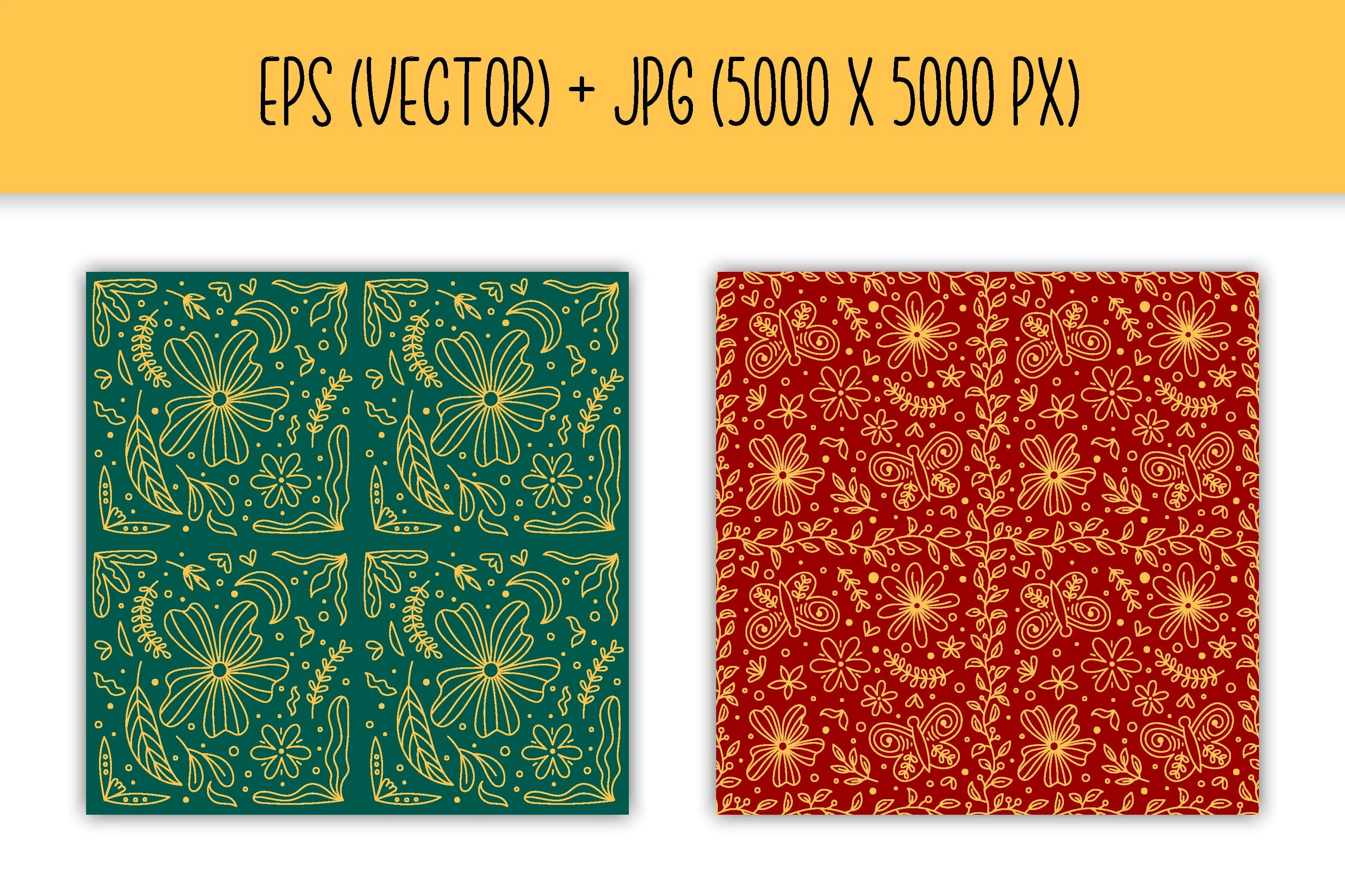 Whimsical Florals Digital Paper Patterns EPS JPG | Cute Doodle Flowers, Leaves, Butterfly | Botanical Seamless Backgrounds, Scrapbook Papers - Image 3