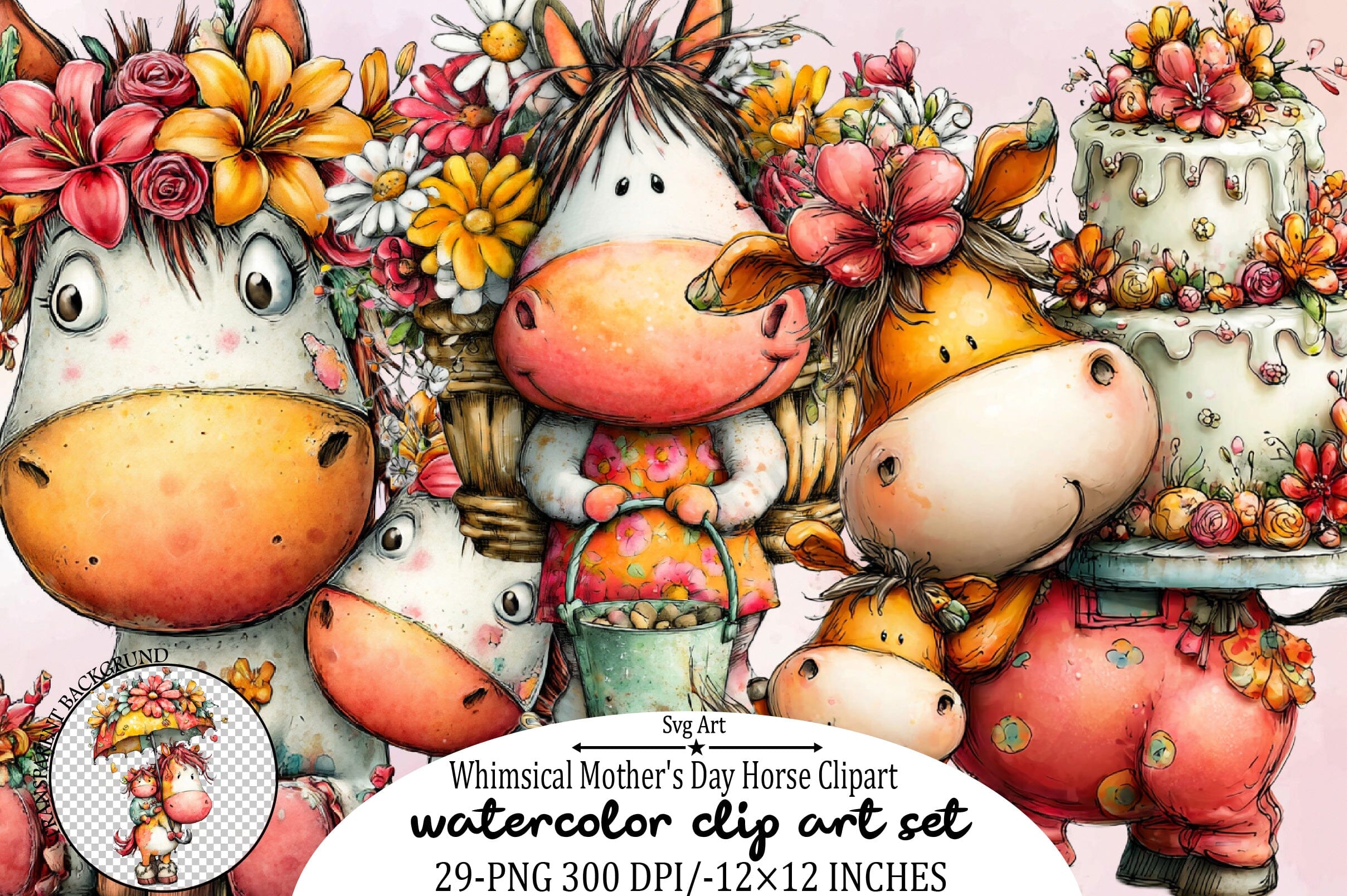 Whimsical Mother's Day Horse Clipart Bundle.