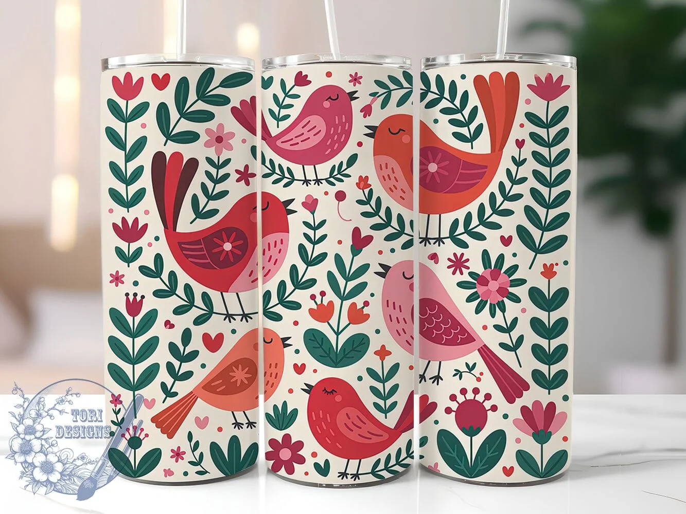 Whimsical Red Bird Tumbler, Whimsical Bird Tumbler, Artistic Bird Wrap, Colorful Bird Wrap, Playful Red Bird Wrap, Sublimation Design, Trendy Gift Idea
