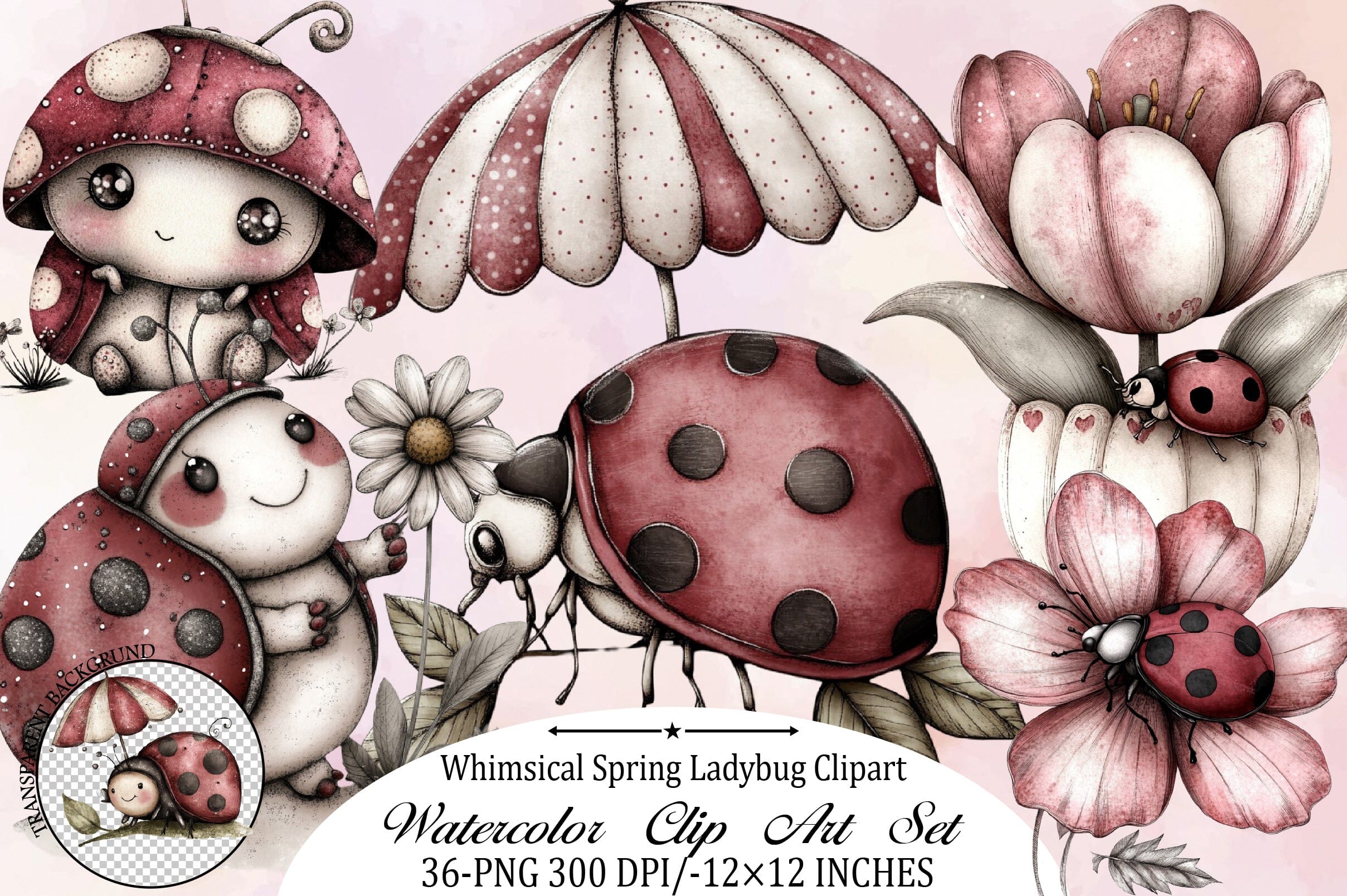 Whimsical Spring Ladybug Clipart  Bundle.