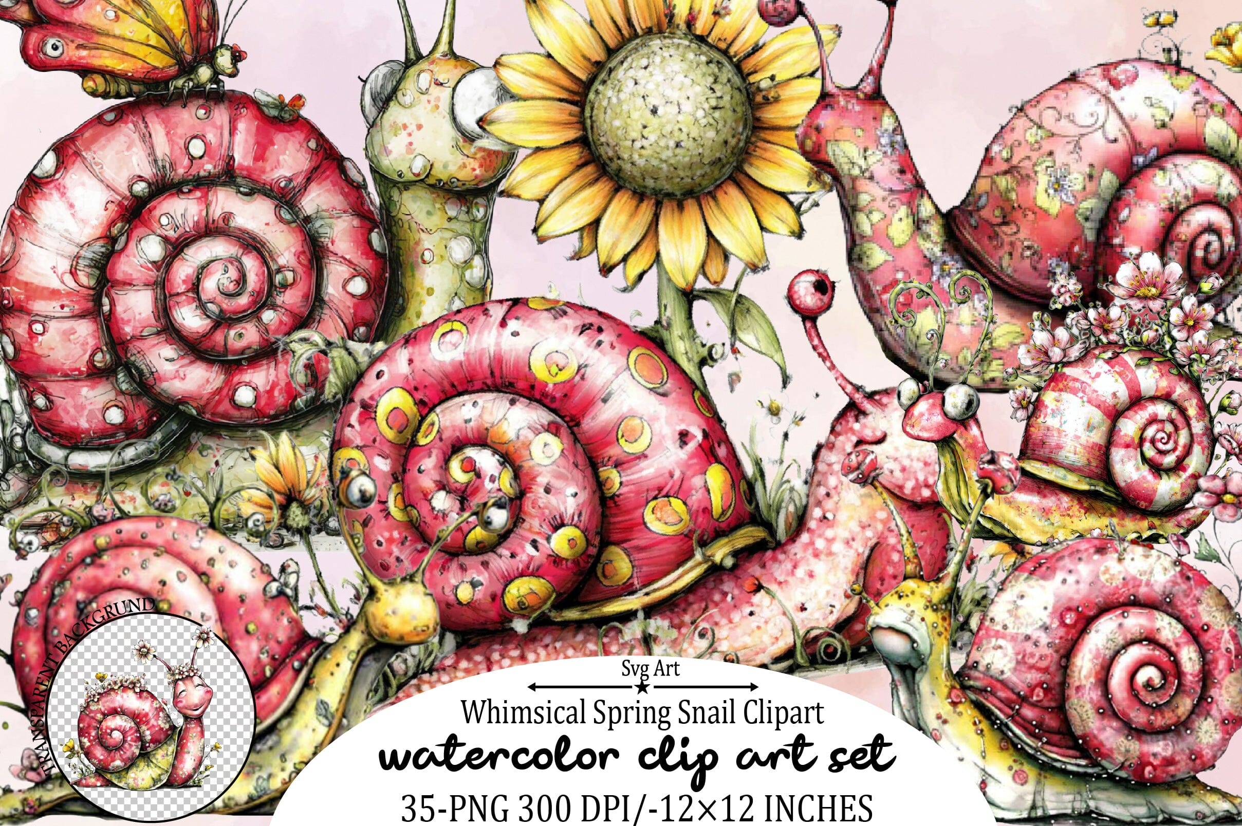 Whimsical Spring Snail Clipart Bundle.