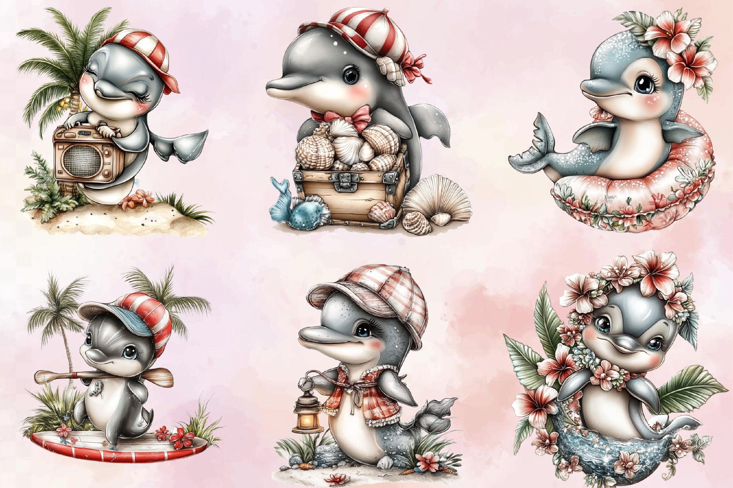 Whimsical Summer Dolphins Clipart Bundle. - Image 3
