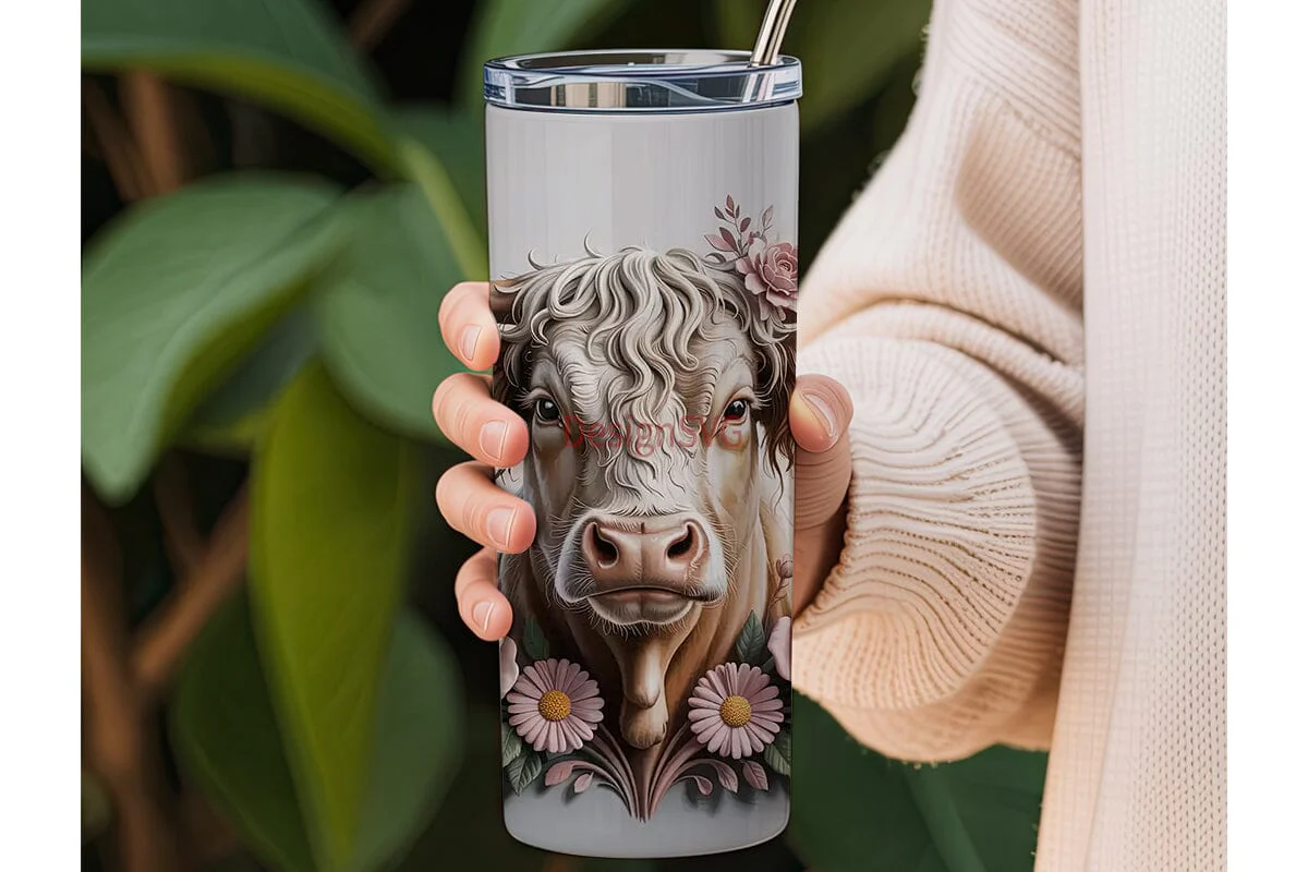 White Highland Cow Floral 20oz Tumbler - Image 3