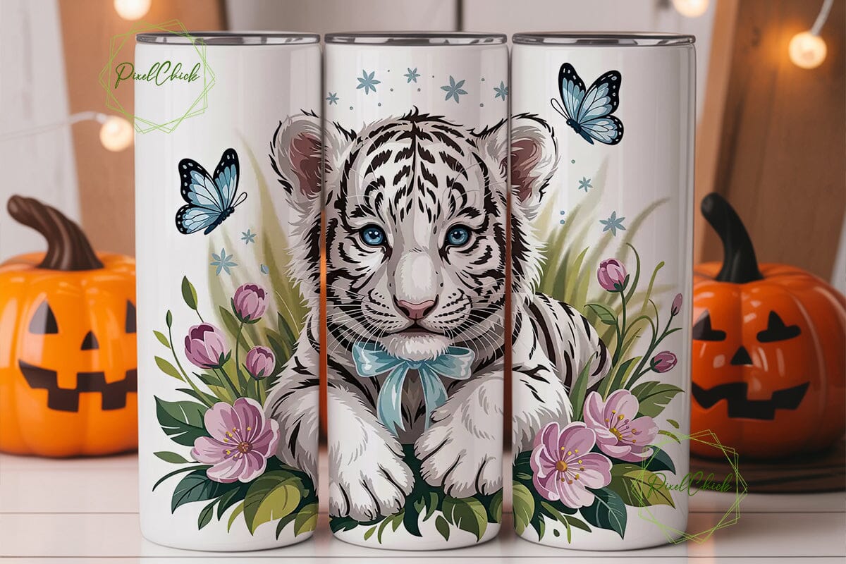 White Tiger Cub Floral 20oz Tumbler Wrap - Image 3