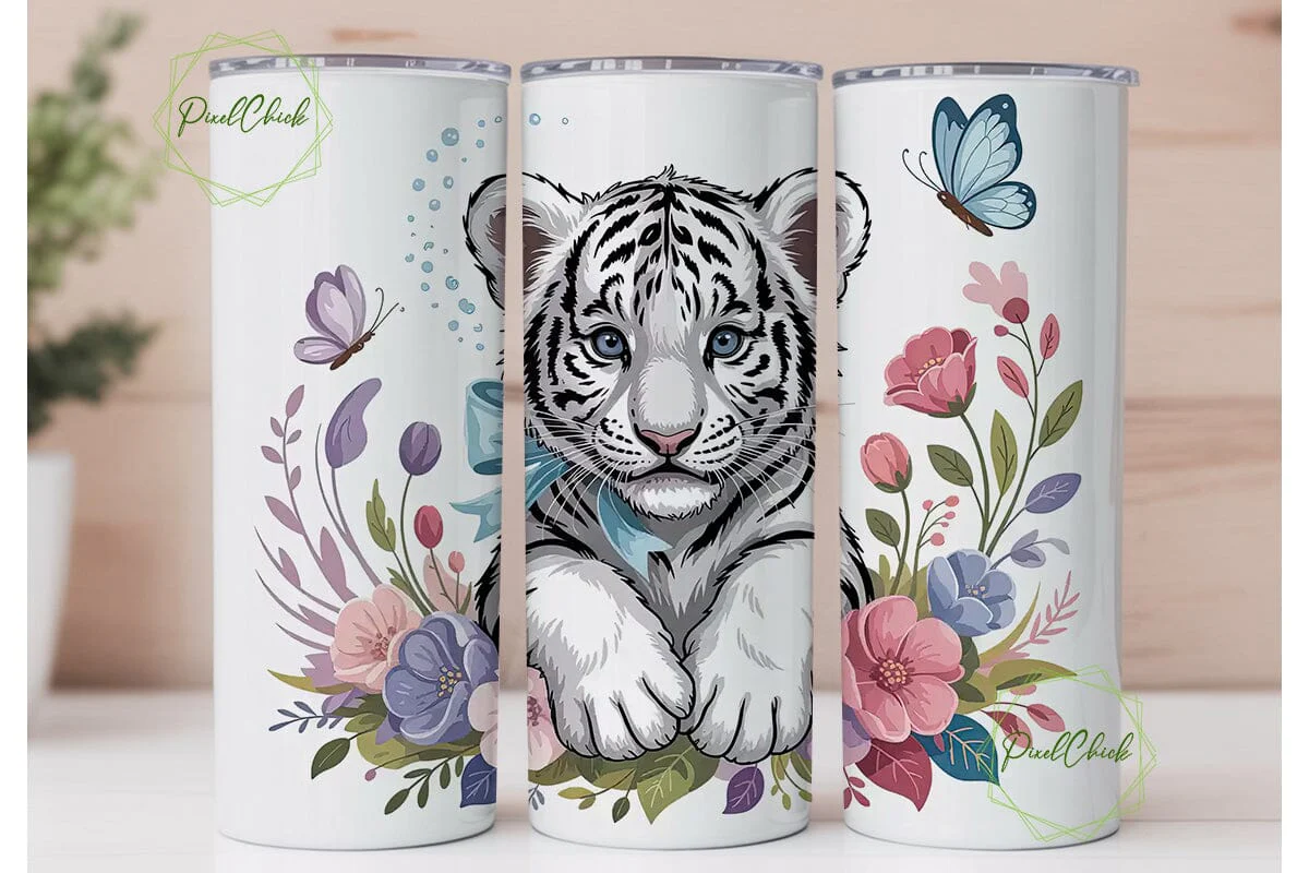 White Tiger Cub Floral 20oz Tumbler Wrap - Image 2
