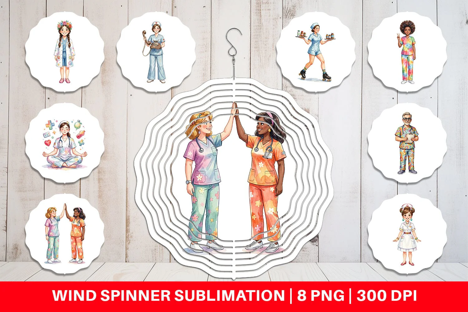 Wind Spinner Watercolor 70s Retro Nurse Characters