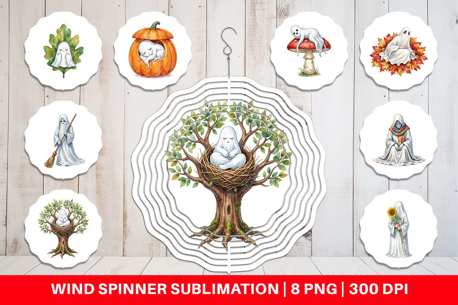 Wind Spinner Watercolor Sleepy Autumn Pumpkin Ghost