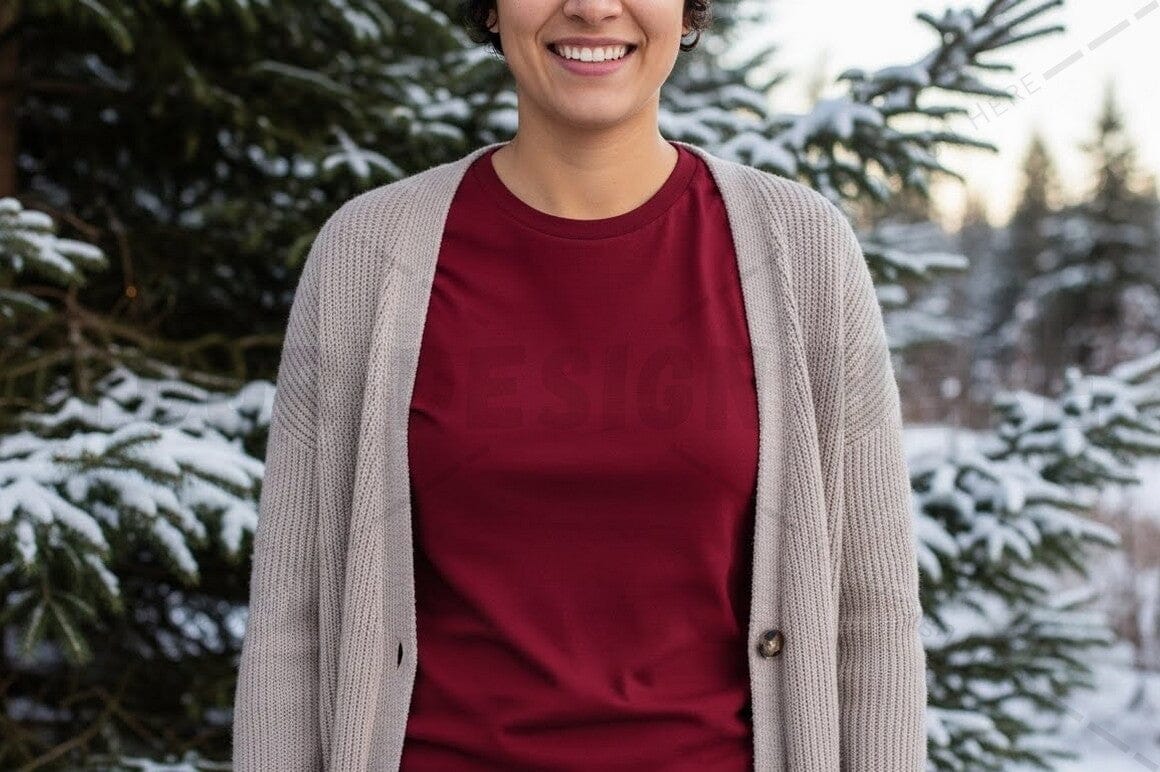 Winter casual wear - red t-shirt with gray cardigan